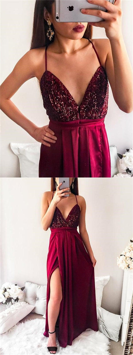 Simple Design Sequin Top Long A-line Prom Dresses