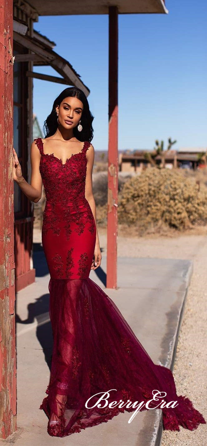 Straps Burgundy Long Prom Dresses. Mermaid Lace Tulle Prom Dresses, Popular Prom Dresses