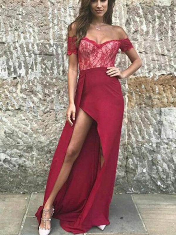 Off Shoulder Lace Top Side Slit Prom Dresses, Cheap Prom Dresses