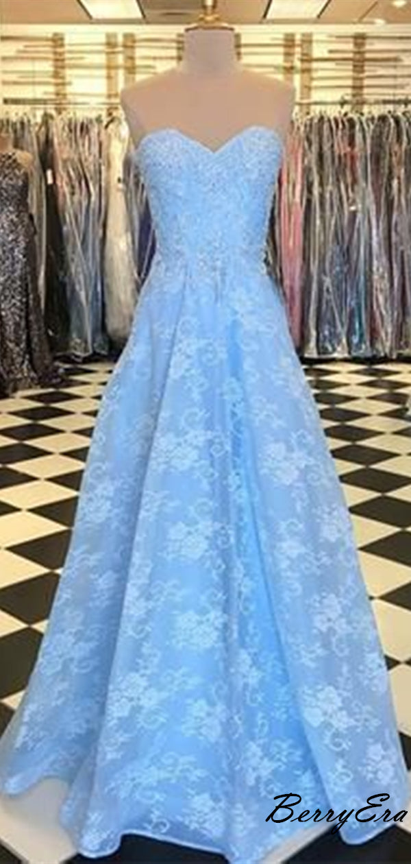 Popular Blue Lace Long Prom Dresses, Strapless Party Prom Dresses