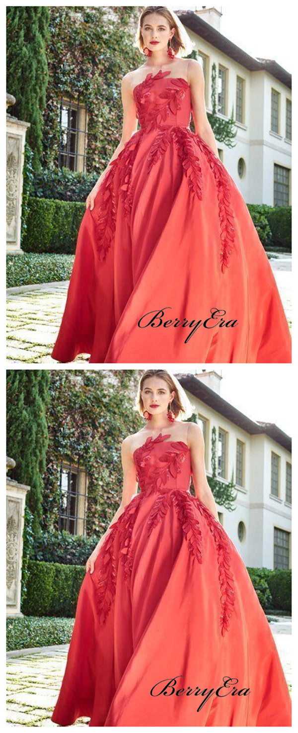 Red Color Appliques A-line Prom Dresses, Strapless Long Prom Dresses