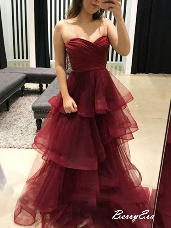 Strapless Burgundy Fluffy Cake Long Prom Dresses, Fancy Prom Dresses