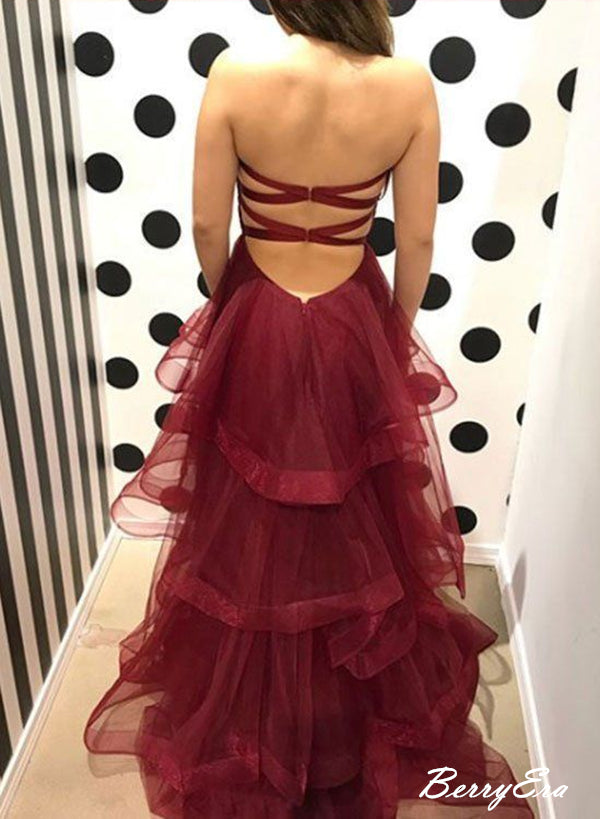 Strapless Burgundy Fluffy Cake Long Prom Dresses, Fancy Prom Dresses