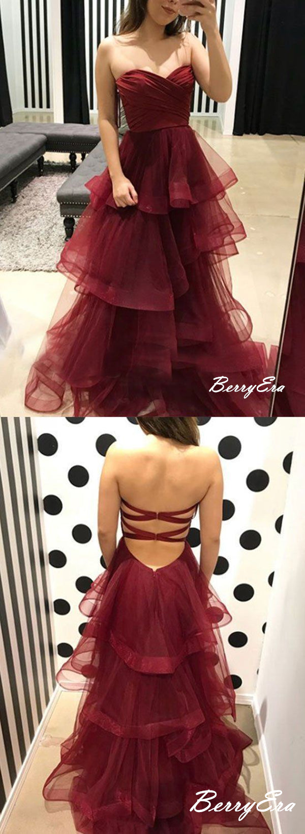 Strapless Burgundy Fluffy Cake Long Prom Dresses, Fancy Prom Dresses