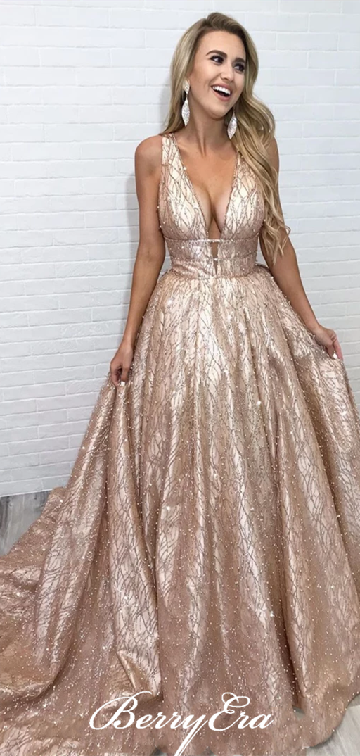 V-neck Sequin Tulle Prom Dresses, Beaded Prom Dresses, Long Prom Dresses, Sparkle Prom Dresses