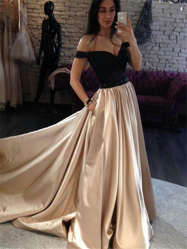 Off Shoulder Long A-line Satin Beaded Prom Dresses