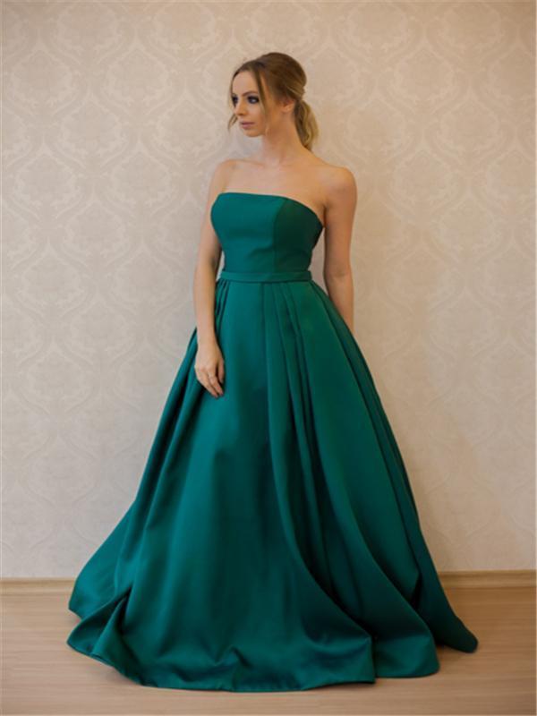 Strapless Green Satin Long A-line Prom Dresses