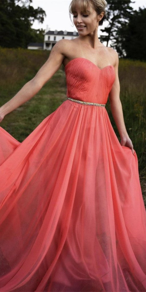 Sweetheart Long A-line Coral Chiffon Prom Dresses, Cheap Prom Dresses, 2021 Prom Dresses, Popular Prom Dresses