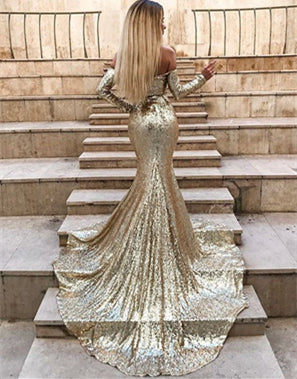 Off Shoulder Long Sleeves Side Slit Sequin Prom Dresses, Popular Prom Dresses