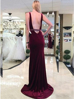 V-neck Long Sheath Velvet Prom Dresses, Beaded Prom Dresses, Long Prom Dresses