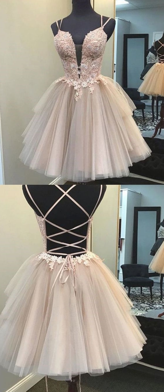 Newest Nude Lace Tulle Homecoming Dresses, Lace Up Homecoming Dresses, Short Prom Dresses