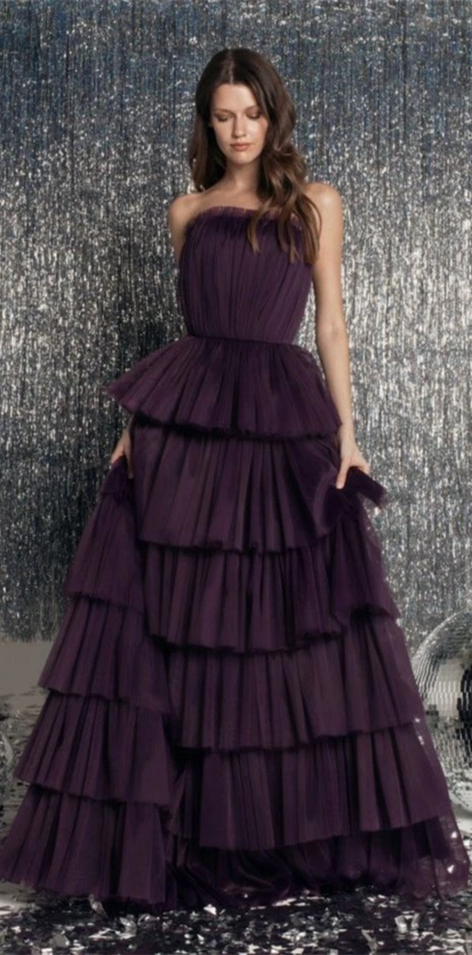 Strapless Long A-line Dark Purple Long Prom Dresses, Tulle Prom Dresses, Lovely Prom Dresses