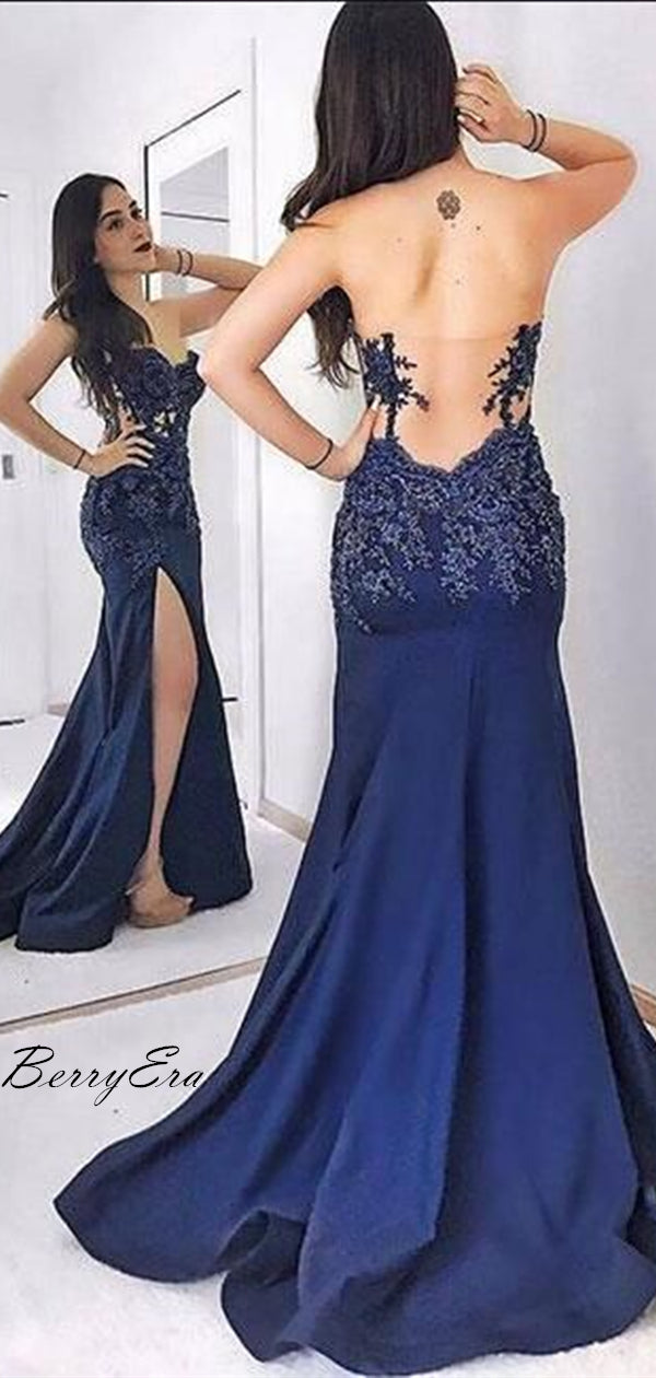 Strapless Navy Blue Lace Appliques High Slit Long Prom Dresses, Popular Prom Dresses