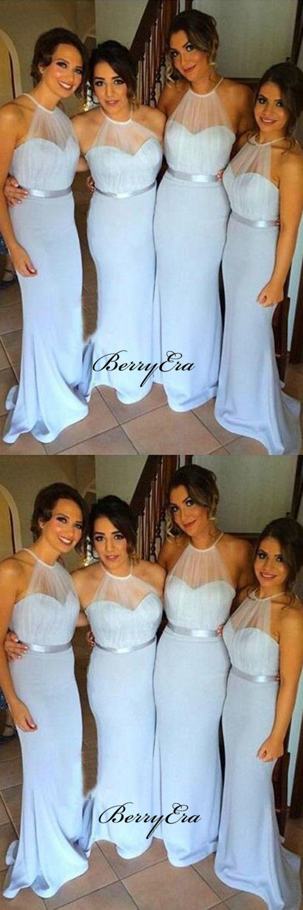 Sky Blue Newest Bridesmaid Dresses, Mermaid Halter Bridesmaid Dresses