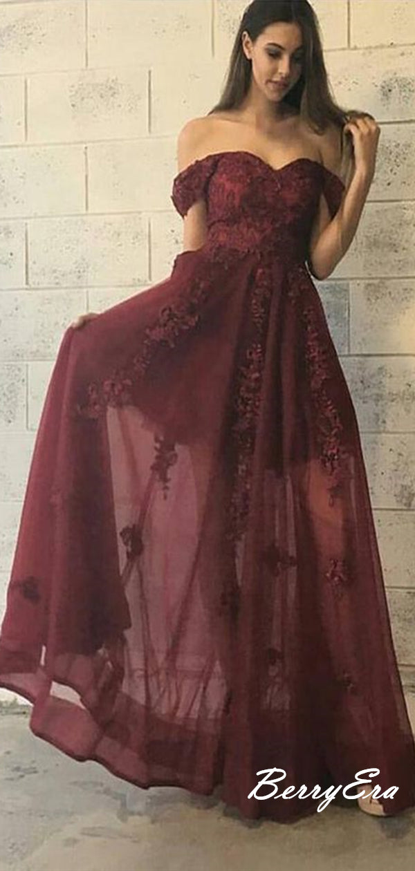 Off the Shoulder Burgundy Lace Prom Dresses, A line Long Prom Dresses