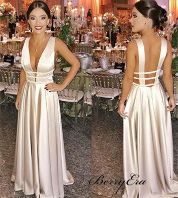 Deep V-neck Long A-line Satin Prom Dresses, Simple Design Prom Dresses, Prom Dresses