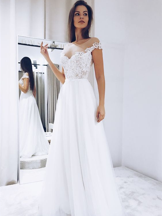 Cap Sleeves Illusion Lace Tulle Wedding Dresses, Simple Elegant Long Wedding Dresses, A-line Wedding Dresses