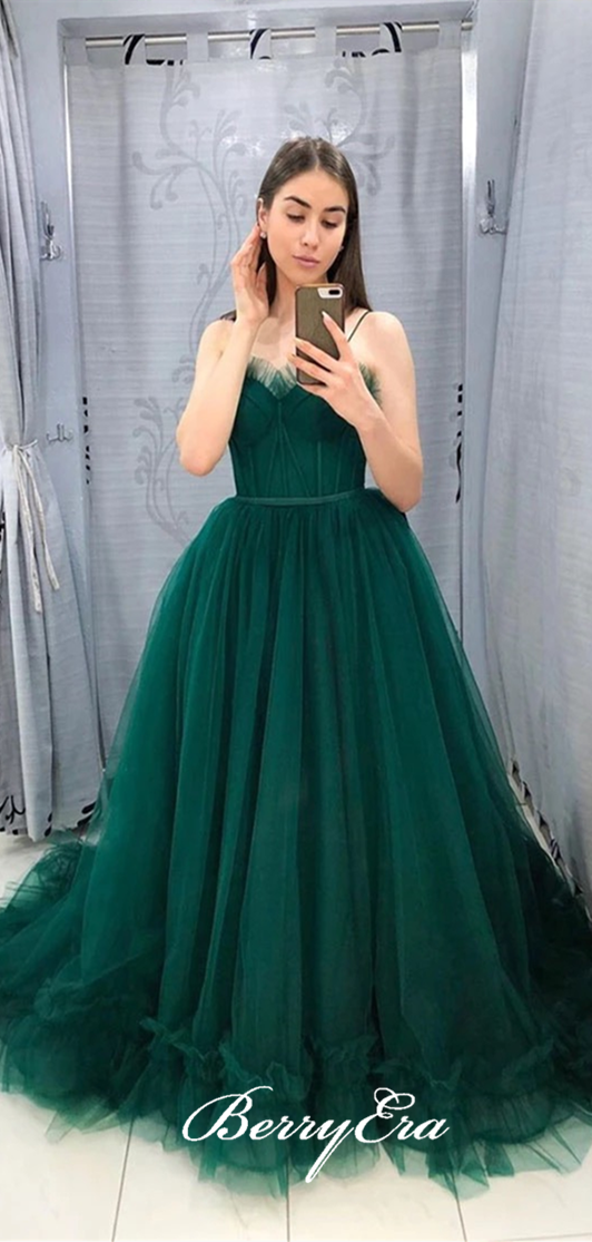 Spaghetti Long A-line Emerald Green Tulle Prom Dresses, Long Prom Dresses, Affordable Prom Dresses