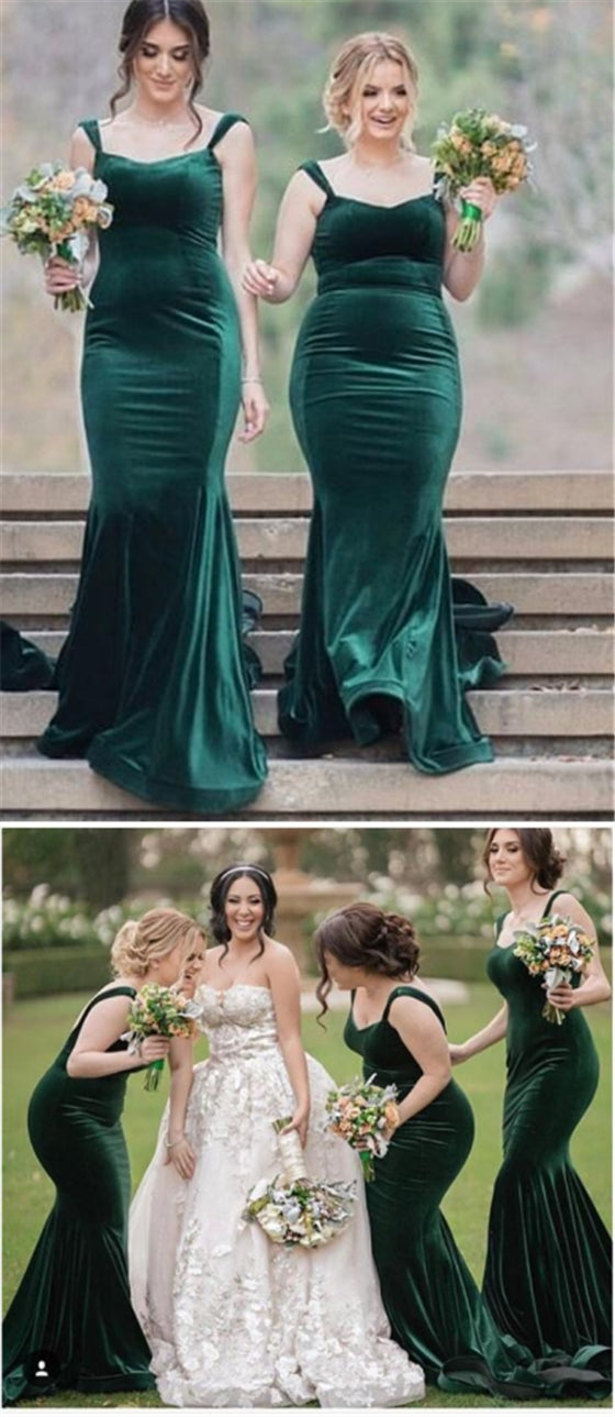 Straps Long Mermaid Emerald Green Bridesmaid Dresses, Velvet Bridesmaid Dresses