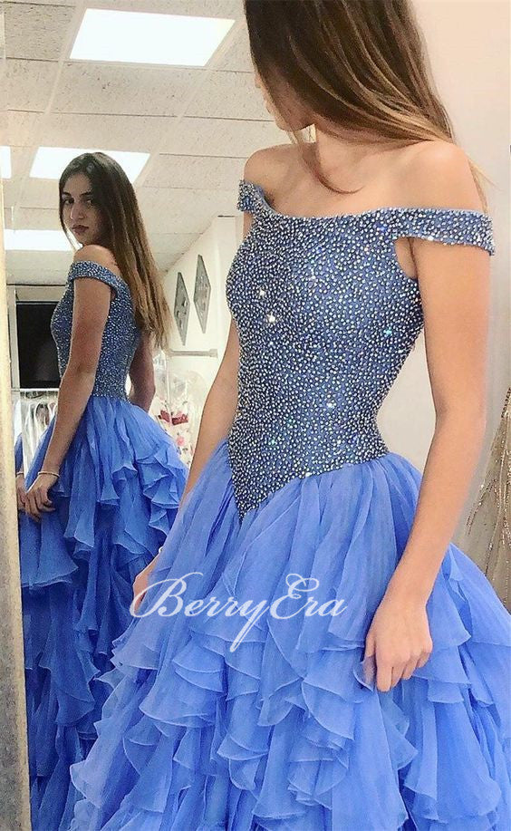 Off Shoulder Beaded Chiffon Prom Dresses, Princess Ball Gown, Popular Prom Dresses