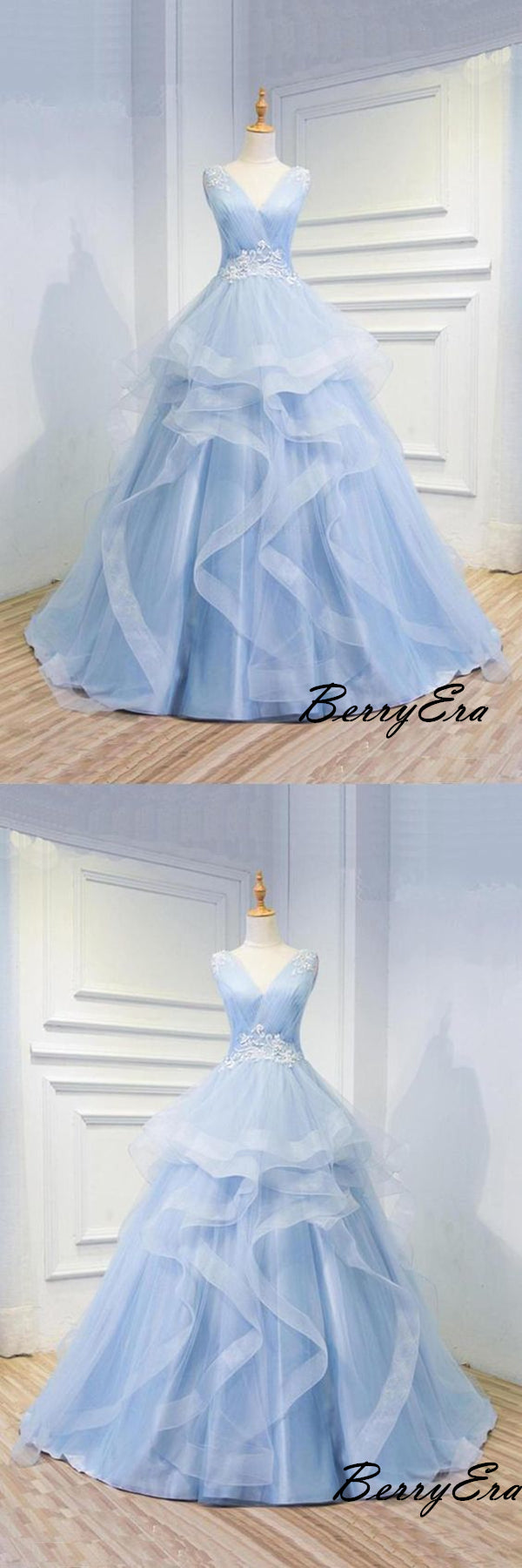 Light Blue Tulle Strapless Long Prom Dresses, A-line Modest Prom Dress