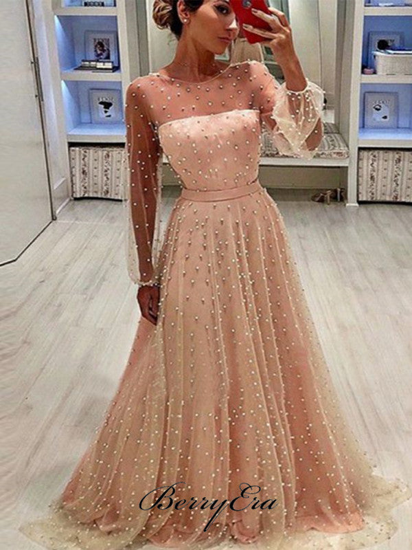 Long Sleeves Beaded Prom Dresses, Luxury A-line Prom Dresses For Evening Party