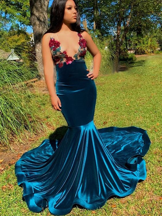 V-neck Long Mermaid Prom Dresses, Velvet Prom Dresses, 2020 Long Prom Dresses