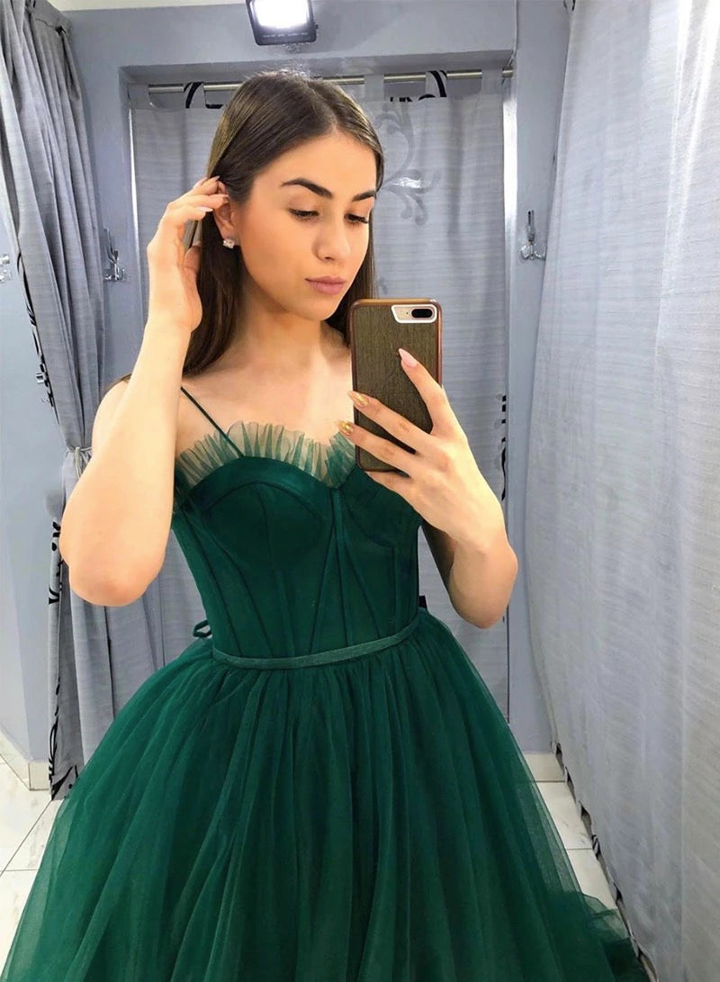 Spaghetti Long A-line Emerald Green Tulle Prom Dresses, Long Prom Dresses, Affordable Prom Dresses