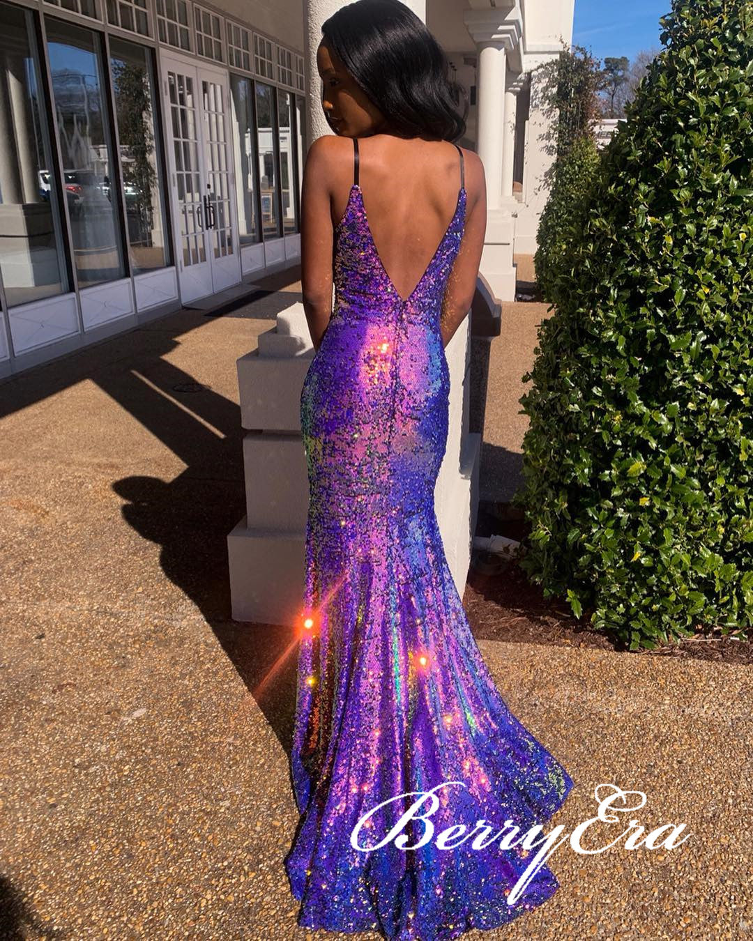 Spaghetti Long Sheath Sequin Prom Dresses, V-neck Prom Dresses, Long Prom Dresses