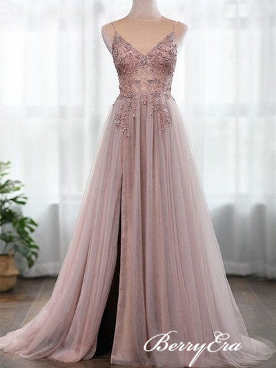 Spaghetti Long V-neck Beaded Tulle Prom Dresses, Side Slit Long Prom Dresses, 2020 Prom Dresses