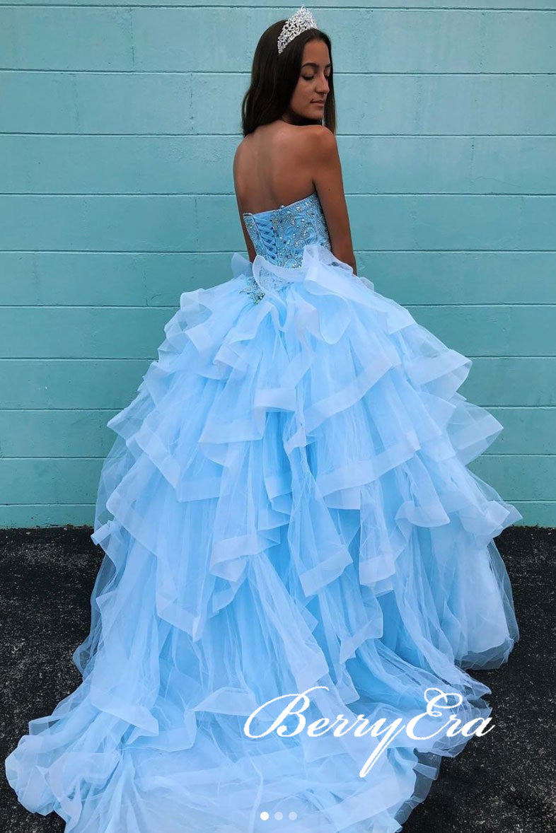 Sweetheart Long Blue Tulle Beaded Ball Gown Prom Dresses, Long Prom Dresses, 2020 Prom Dresses