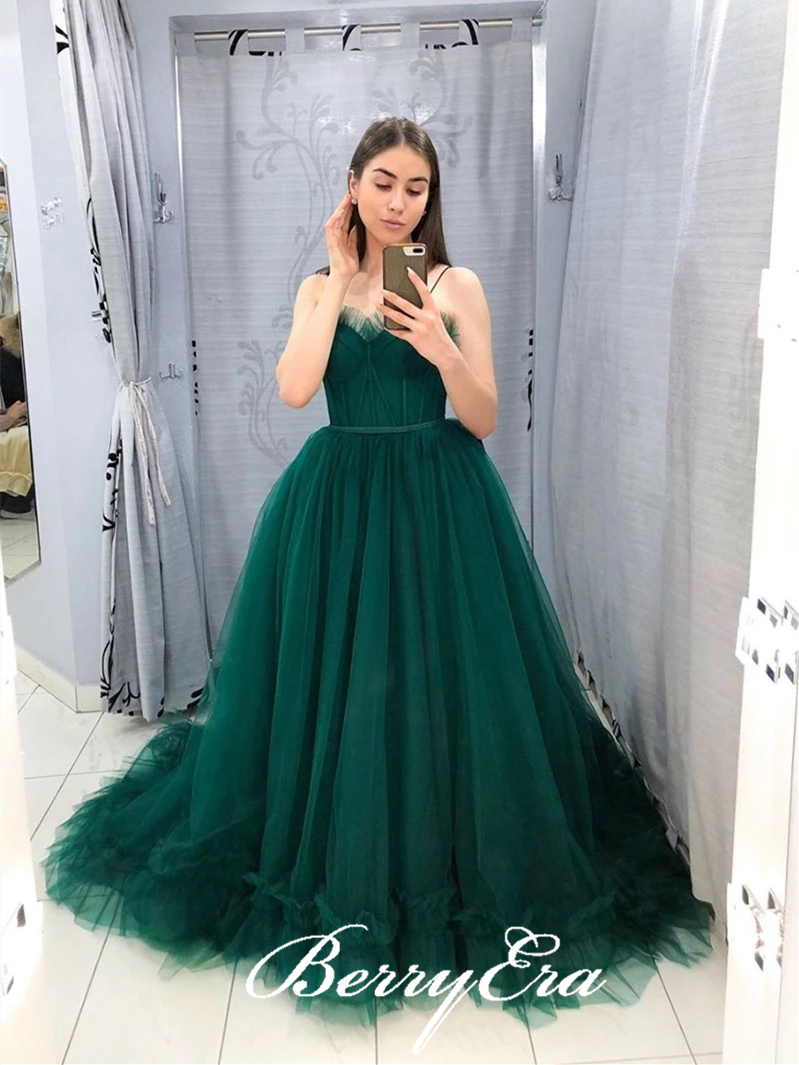 Spaghetti Long A-line Emerald Green Tulle Prom Dresses, Long Prom Dresses, Affordable Prom Dresses