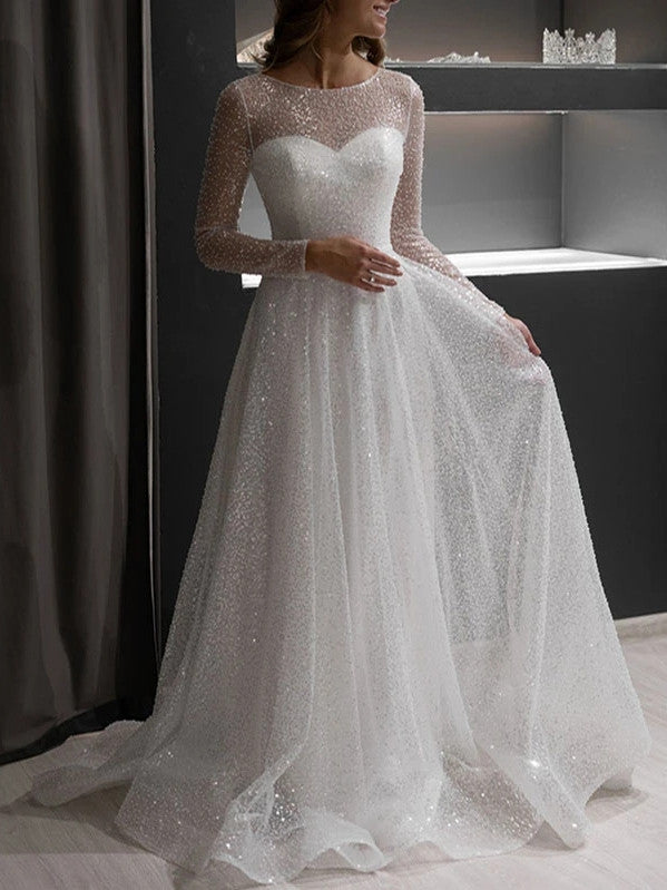 Round Neckling Long Sleeves Sequin Tulle Wedding Dresses, Sparkle Wedding Dresses, 2021 Wedding Dresses