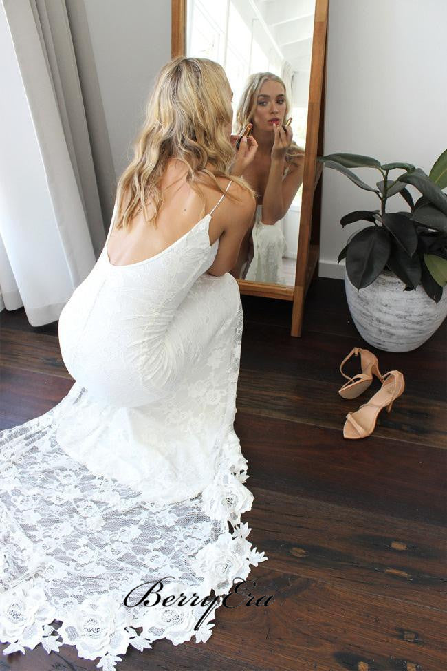 Open Back White Lace Wedding Dress Spaghetti Straps Slit Women Bridal Gowns