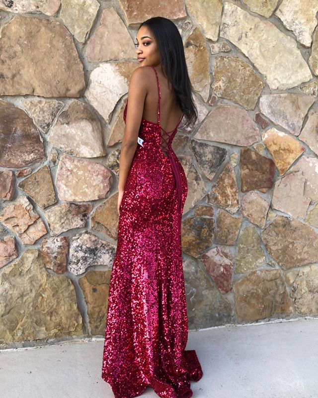 Spaghetti Long Sheath Burgundy Sequin Prom Dresses, Simple Sparkle Prom Dresses, Long Prom Dresses