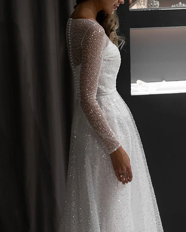 Round Neckling Long Sleeves Sequin Tulle Wedding Dresses, Sparkle Wedding Dresses, 2021 Wedding Dresses