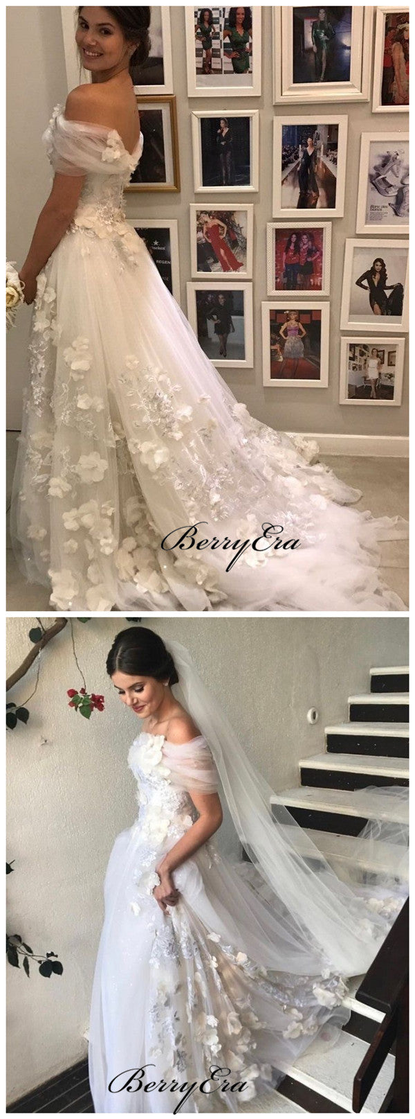 Romantic 3D Flowers Elegant Wedding Dresses, Off The Shoulder A-line Tulle Wedding Dresses