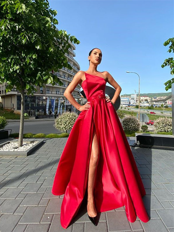 Strapless Long A-line Red Satin Prom Dresses, Simple Elegant Prom Dresses, 2021 Prom Dresses