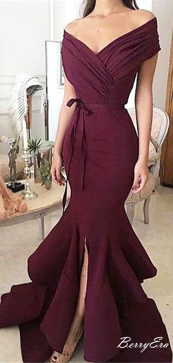 Sexy Burgundy Mermaid Off the Shoulder Fancy Long Prom Dresses 2019