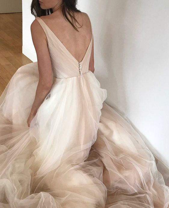 Lovely V-neck Blush Tulle Wedding Dresses, Long Wedding Dresses, New Wedding Dresses