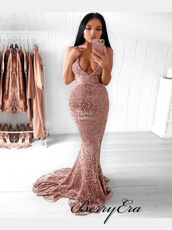 Sequins Deep V-neck Sexy Prom Dresses, Mermaid Cheap Prom Dresses