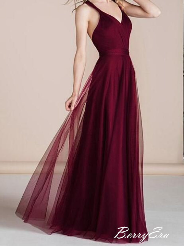 Spaghetti Custom Simple Design Burgundy A-line Prom Dresses, Cheap Prom Dresses