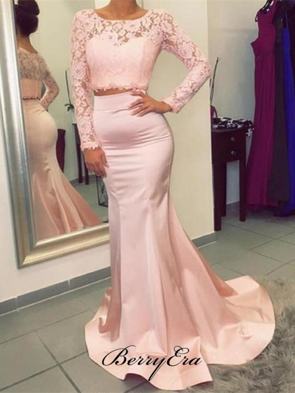 Lace Long Sleeves Formal Prom Dresses, Mermaid Satin Prom Dresses