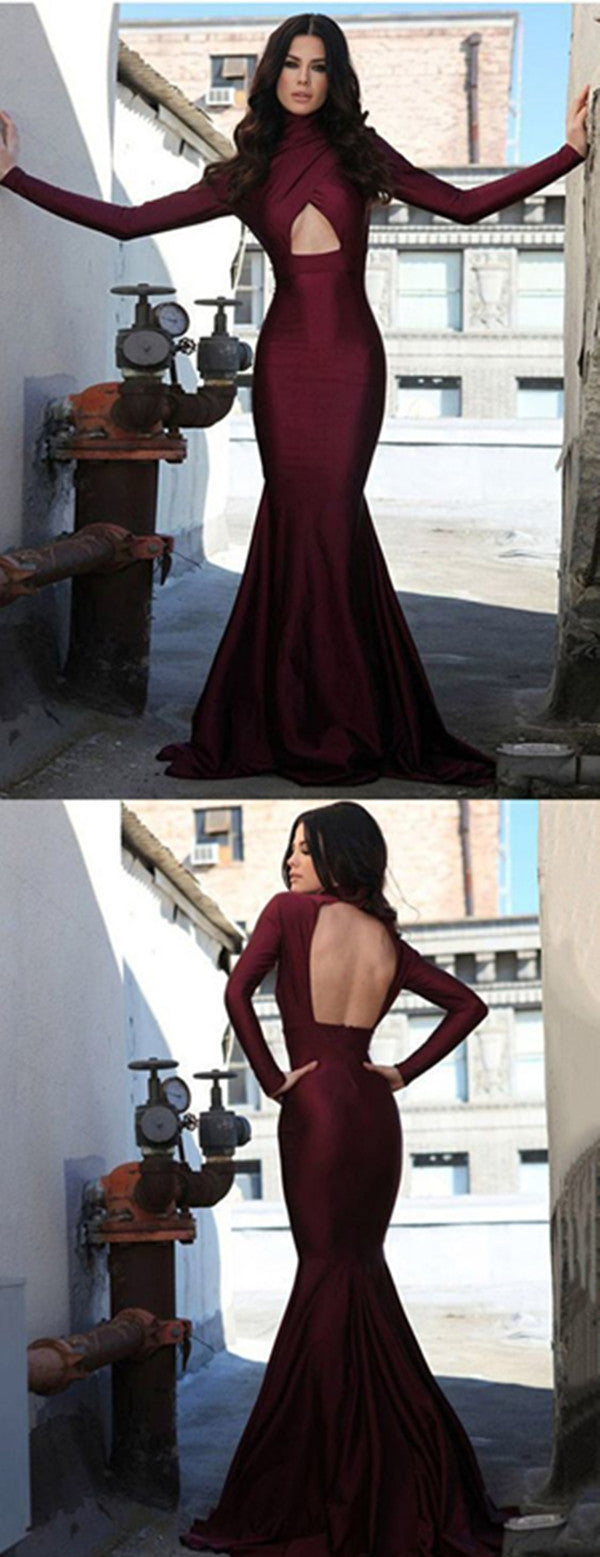 Long Sleeve Burgundy High Neck Prom Dress, Mermaid Long Prom Dress