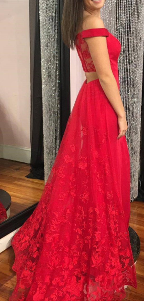 Red Off Shoulder Appliques Prom Dress, Sexy Evening Dress, Lace Long Prom Dresses