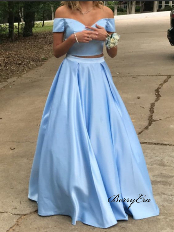 2 Pieces Off the Shoulder Long Prom Dresses, A-line Satin Prom Dresses 2019