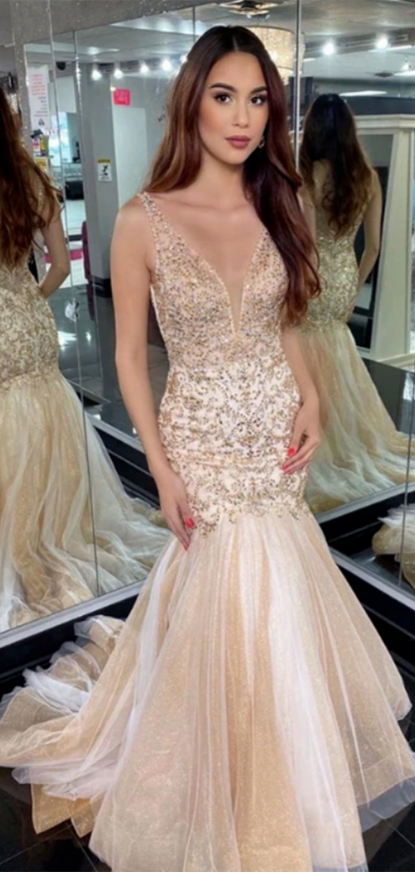 V-neck Quality Beaded Long Prom Dresses, Mermaid Lace Popular 2021 Prom Dresses Long