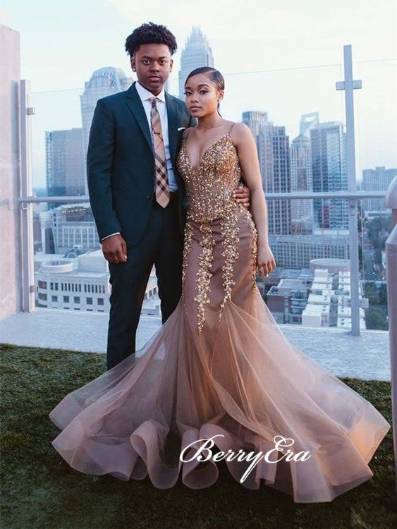 Spaghetti Long Mermaid Lace Beaded Prom Dresses, 2020 Prom Dresses, New Popular Prom Dresses