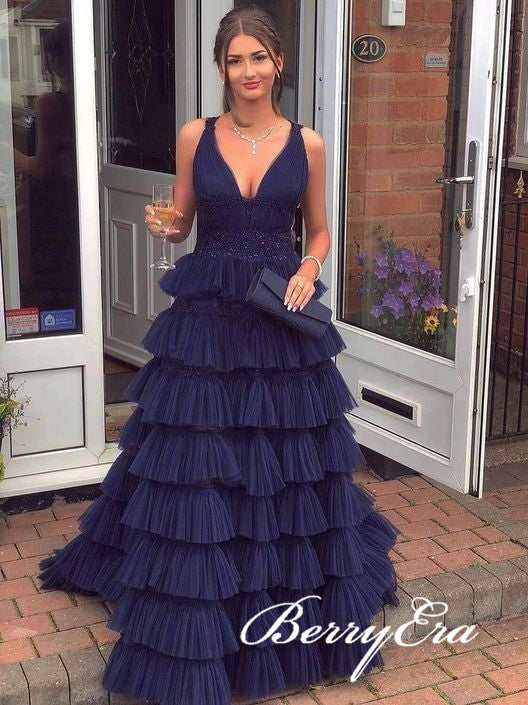 V-neck Navy Blue Tulle Beaded Prom Dresses, Long Prom Dresses, Fluffy Prom Dresses, 2020 Prom Dresses