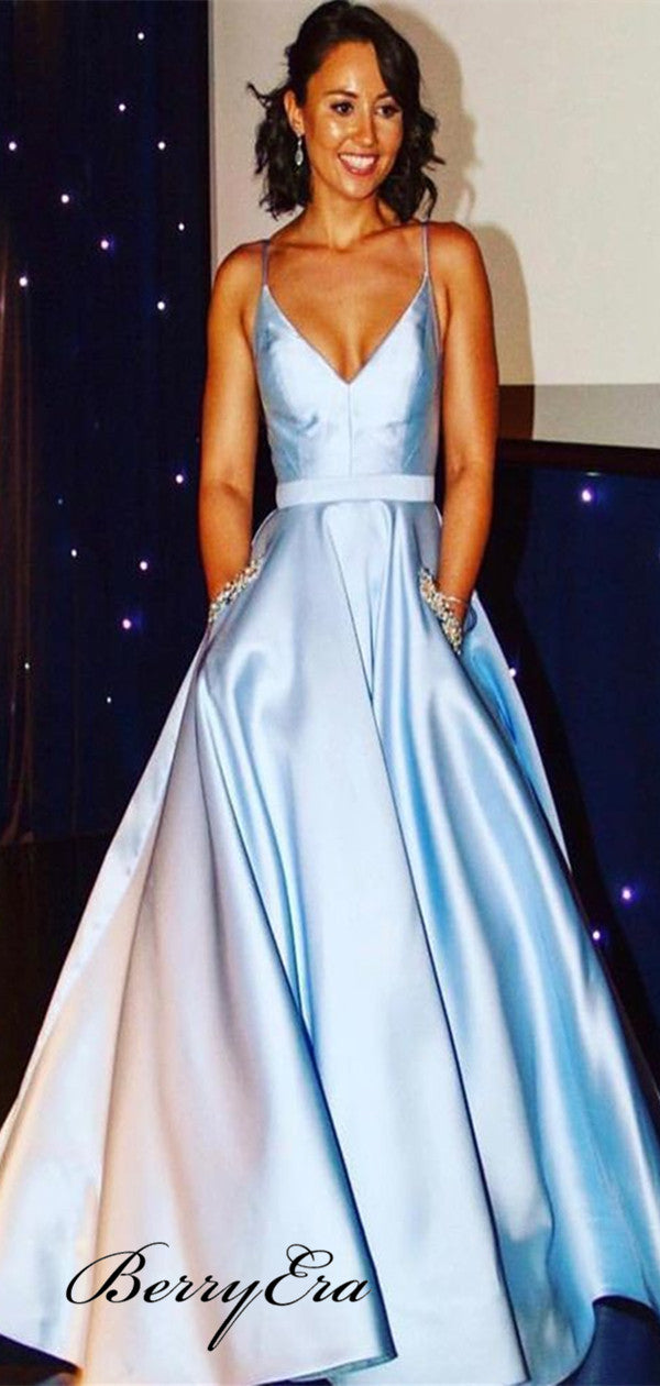 Simple A-line V-neck Stain Prom Dresses, Blue Beaded Prom Dresses With Pocket